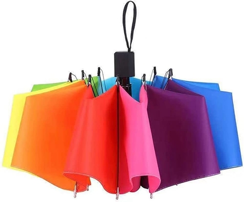 Kleurrijke regenboogontwerp 3 Opvouwbare handschaduw met winddichte en metalen glasvezel ribben