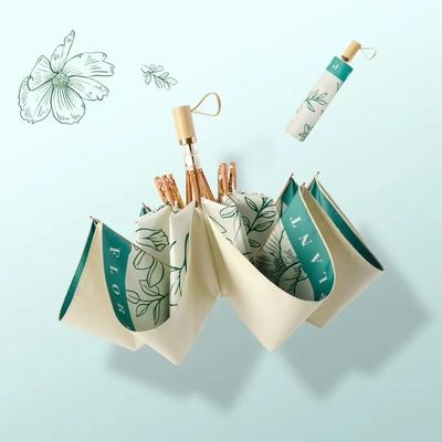 Klassieke stijl Chinese bloemenprinten Houten handvat 3voudige paraplu voor bruiloft