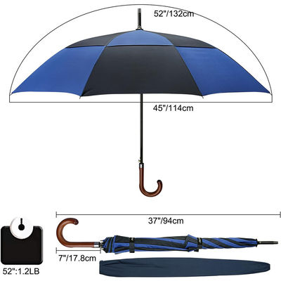 132cm Open Diameter Glasvezel Schacht Golf Paraplu met houten gebogen handvat Op maat